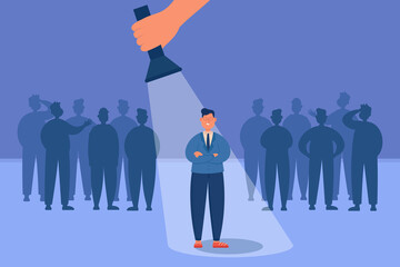 Chosen candidate standing under light of flashlight. Winner or leader in crowd of people looking for job, business opportunity flat vector illustration. Promotion, achievement, success concept