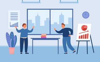 Business partners fighting over presentation in meeting room. Argument between angry office people flat vector illustration. Conflict, disagreement, communication concept for banner, website design