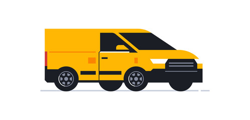 A van for an online home delivery service. Transport for delivery of orders. Van front view in half turn. Transportation of orders of parcels, boxes to the house. Vector illustration.