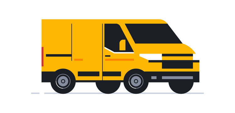 A van for an online home delivery service. Transport for delivery of orders. Van front view in half turn. Transportation of orders of parcels, boxes to the house. Vector illustration.