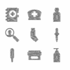 Set Inhaler, Ointment cream tube medicine, Hand sanitizer bottle, Pipette, Medical thermometer, analysis, Bottle of syrup and clipboard icon. Vector