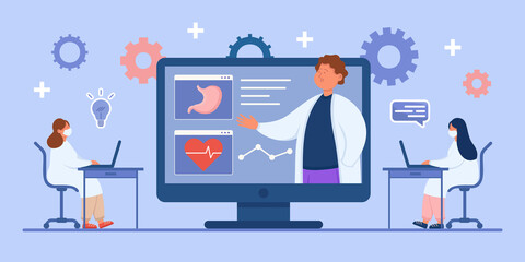 Female doctors or students watching medical webinar in class. Women learning about medicine from professional on online training platform flat vector illustration. Online education, healthcare concept