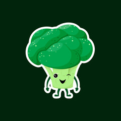 Funny sticker with broccoli. A cute vegetable in a cartoon style.
