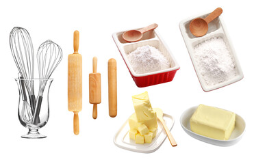 kitchen utensils and ingredient for bakery on white background