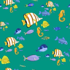 Marine life seamless pattern. Vector repeating colorful texture