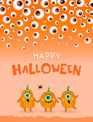 Happy Halloween card. Falling eyes and pumpkin characters.