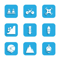 Fototapeta premium Set Longboard or skateboard, Mountains, Helmet and action camera, Surfboard, Landslide, Drone flying and Snowboard icon. Vector