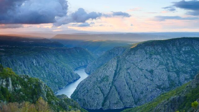 Sunset over river Sil Canyon in Parada de Sil in Galicia, Spain. View from Cabezoa lookout. Place to visit.