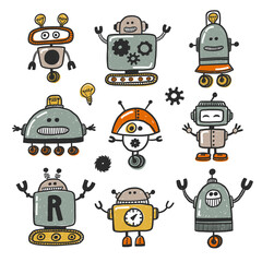 Robot character hand drawn illustration set. Super geek. Cute robot toy sticker collection. Grunge stylized living machine. Comic modern humanoid poster design element.