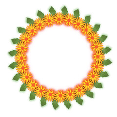Marigold. Green Leaf Garland. Yellow Orange Paper Cut Flower. Indian Festival Flower and Mango leaf. Happy Diwali, Dasara, Dussehra, Ugadi. Decorative Elements for Indian Celebration. Circle frame.