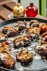 delicious snack of dates, walnuts and tahini sauce