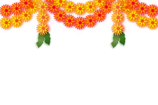 Marigold. Green Leaf Garland. Yellow Orange Paper Cut Flower. Indian Festival Flower and Mango leaf. Happy Diwali, Dasara, Dussehra, Ugadi. Decorative Elements for Indian Celebration.