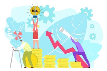 Money growth with business idea success, vector illustration, flat people man woman character stand at finance investment, profit strategy design.