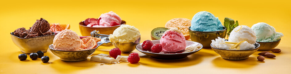 Very wide panorama banner with a variety of specialist ice cream