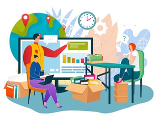 Business work in internet technology, vector illustration, flat people man woman character use online network, worker sit near planet
