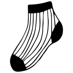 One cute cotton sock with a striped pattern, doodle. Winter and autumn shoes. Vector illustration of a flat design, black outline.