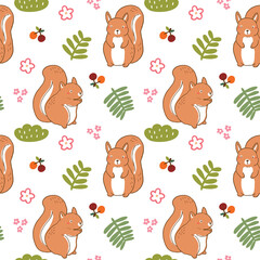 Seamless Pattern with Squirrel and Leaf Design on White Background