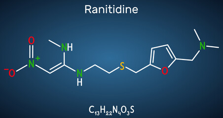 Ranitidine  molecule. It is used for treatment of peptic ulcer disease. Structural chemical formula on the dark blue background. Vector illustration