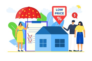 Obraz na płótnie Canvas House agent sell real estate with insurance, vector illustration, property with low price for man woman character, couple buy home with mortgage.
