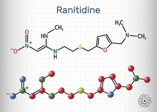 Ranitidine  molecule. It is used for treatment of peptic ulcer disease. Structural chemical formula and molecule model. Sheet of paper in a cage