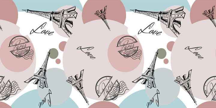 Seamless pattern with the symbols of France. Eiffel tower, coffee, lavender, love, print paris