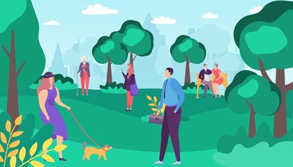 People man woman character walk in summer park, vector illustration, outdoor lifestyle at city nature landscape, flat happy girl with dog.