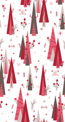 Seamless pattern with geometric, stylized fir trees with floral, star and doodle line ornaments. Pink spruce, branch with foliage and moon. Vector gentle natural texture for wallpaper and fabric