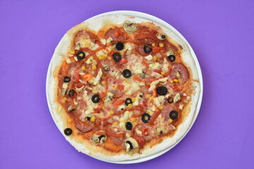 Pizza four friends, with olives and salami