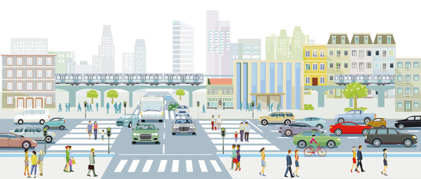 Großstadt mit Fußgänger auf dem Zebrastreifen und öffentlicher verkehr illustration