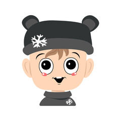 Avatar of a child with big eyes and a wide smile in a bear hat with a snowflake. A cute kid with a joyful face in an autumnal or winter headdress. Head of adorable baby with happy emotions