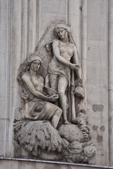 Obraz premium Nostalgic facade, window with statue, Brasov, Romania,2017