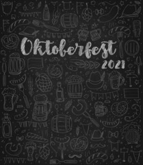 Oktoberfest 2021 - Beer Festival. Hand-drawn Doodle Elements. Set of elements. Chalkboard background.