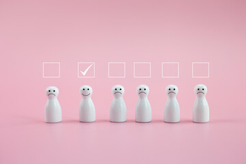 Happy wood person model a smiley among people on pink background, best excellent business service...