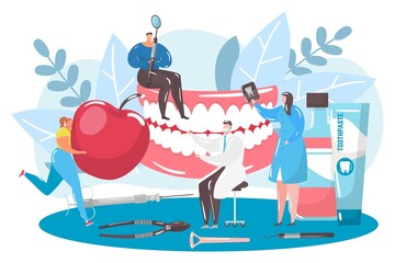 Dental care for tooth, vector illustration, flat tiny doctor character at healthcare treatment concept, dentist use medicine equipment.