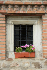 Fototapeta na wymiar Moldovita Monastery, Romania,geranium on the window with lattice