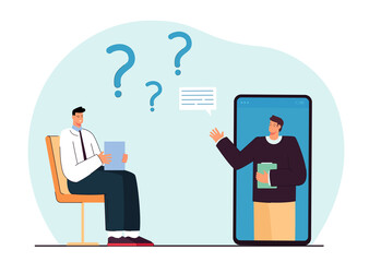 Person in online interview, passing entrance test or exam. Flat vector illustration. Man answering questions while sitting in front of huge smartphone screen. Interview, job, Internet concept