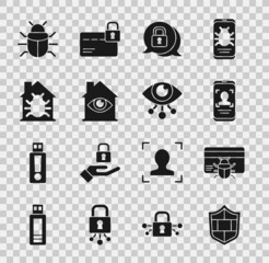 Set Shield with brick wall, System bug in credit card, Mobile and face recognition, Cyber security, House eye scan, system, and Eye icon. Vector