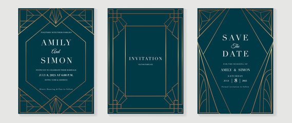 Art deco wedding invitation card vector. Luxury classic antique cards design for VIP invite, Gatsby invitation gold, Fancy party event, Save the date card and Thank you card. Vector illustration.