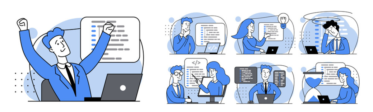 Concept of script coding, programming. JavaScript, PHP, Python, HTML, other languages. Programmer working on web development on laptop. Software developers. Set of Flat vector cartoon illustrations