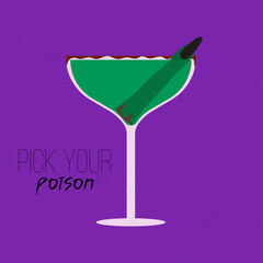 Spooky green cocktail for Halloween party. Cocktail drink with witch finger and blood. Vector illustration