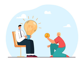 Girl paying man for his idea. Flat vector illustration. Young man holding huge light bulb, and girl handing him coin. Creativity, invention, business, patent concept for banner design or landing page