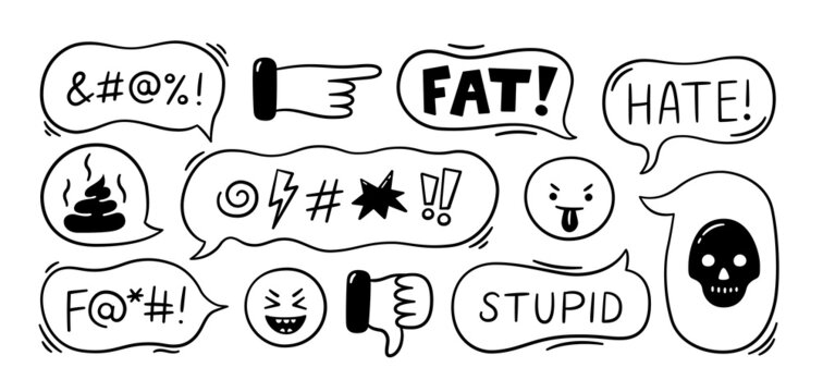 Speech bubble with swear words. Cyber bullying, trolling, conflict and violence situation. Bad reviews, comments, dislike. Vector illustration isolated in doodle style on white background.