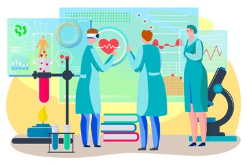 Medicine healthcare with digital technology, vector illustration, flat man woman character work in modern hospital, doctor in virtual reality glasses.