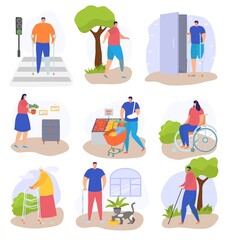 Disabled people lifestyle, isolated on white set, vector illustration, flat woman person character at wheelchair, disability man without leg.
