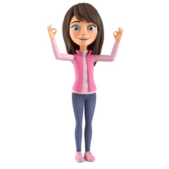Obraz na płótnie Canvas Cartoon character of a beautiful modest girl in a pink jacket shows okay on a white background. 3d render illustration.