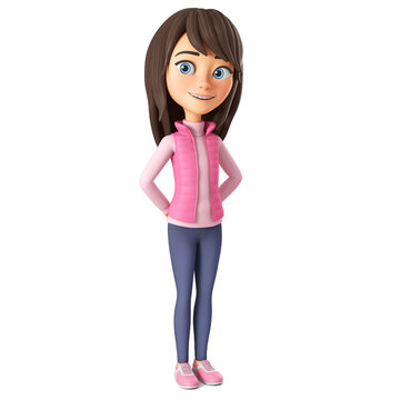 Character cartoon beautiful modest girl in a pink jacket on a white background. 3d render illustration.