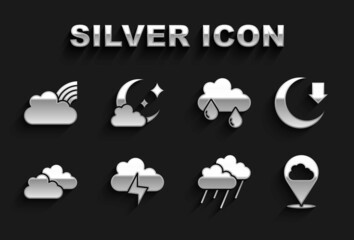 Set Storm, Moon, Location cloud, Cloud with rain, Rainbow clouds and moon icon. Vector