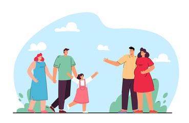 Friendship of families flat vector illustration. Couple expecting baby and parents with daughter meeting outdoors, spending time together. Friendship, family, nature concept for banner design