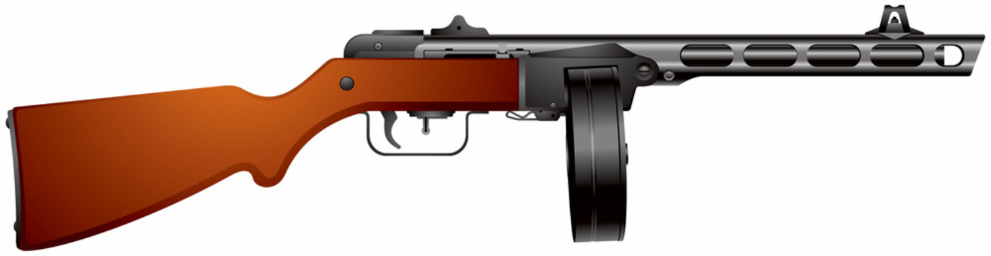 PPSh submachine gun, World War II times infantry weapon of the Red Army, handgun, Shpagin's machine pistol, one of the Victory Day symbol realistic vector illustration