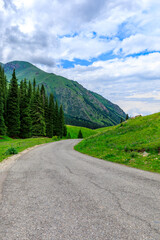Fototapeta na wymiar Asphalt road and green mountain natural landscape in Xinjiang,China.